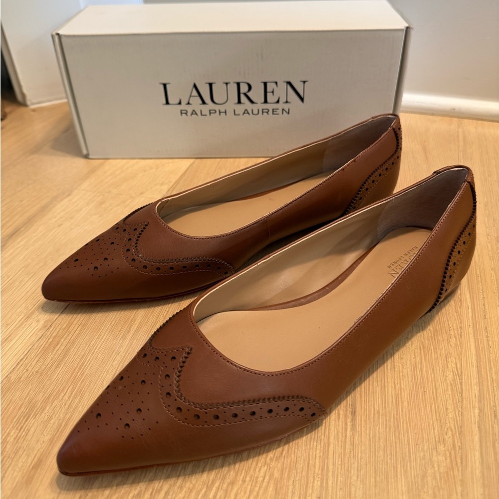 Lauren Ralph Lauren Tan Leather Pointed Flats with Brogue Detailing